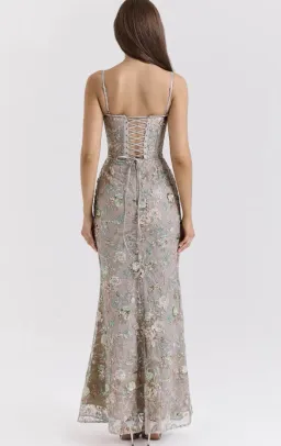 House of CB Naima Silver Embellished Beaded Corset Maxi Dress Regular Cup Size 8 for rent on The Volte - image 2