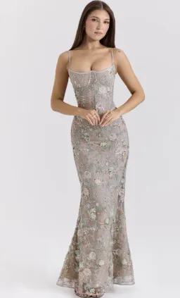 House of CB Naima Silver Embellished Beaded Corset Maxi Dress Regular Cup Size 8 for rent on The Volte - image 1