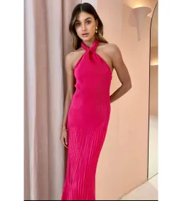 L'Idee Soiree Pleated Halter Gown Punch Hot Pink Size AU 12 for rent on The Volte - image 7
