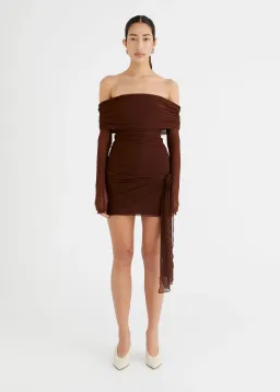 Benni Yasmin Off Shoulder Mini Dress Cacao Brown Size XS / AU 6 for rent on The Volte - image 1