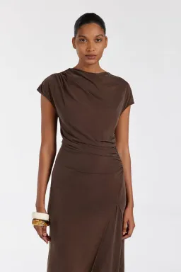 Dissh Rio Bitter Choc Draped Tunic Top & Wide Leg Modal Pant Set Brown Size 8 for rent on The Volte - image 3