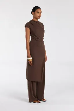 Dissh Rio Bitter Choc Draped Tunic Top & Wide Leg Modal Pant Set Brown Size 8 for rent on The Volte - image 1