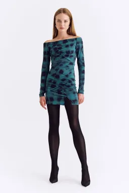 Suboo Shibori Long Sleeve Off Shoulder Dress Mini Green Size 8 for rent on The Volte - image 1