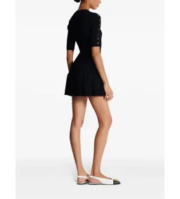 Balmain Round Neck Pleated Ribbed-Knit Skater Mini Dress Black Size AU 10 for rent on The Volte - image 2