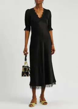 Rixo Annina Satin Midi Dress Black Size AU 12 for rent on The Volte - image 1