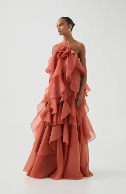 Aje Pandorea Layered Maxi Dress Coral Clay Size 10 for rent on The Volte - image 1