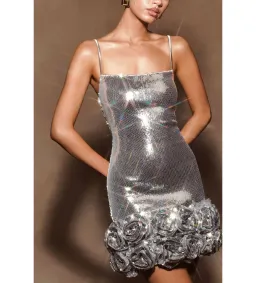Meshki Faye Sequin Flower Mini Dress Silver Size AU 8 for rent on The Volte - image 6