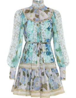 Zimmermann Rhythm Trimmed Billow Mini Dress in Aqua Mixed Print Size AU 8 for rent on The Volte - image 3