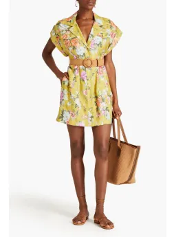 Zimmermann Pattie Cuffed Linen Belted Mini Dress in Mustard Rose Size OP AU 6 for rent on The Volte - image 1