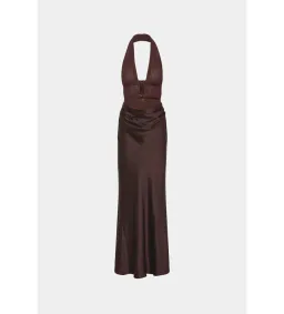 Misha The Celine Satin and Mesh Maxi Dress in Umber Brown Size 8 for rent on The Volte - image 4