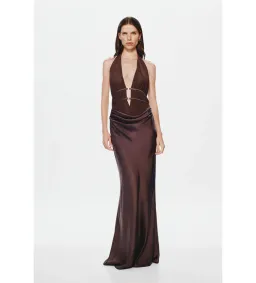 Misha The Celine Satin and Mesh Maxi Dress in Umber Brown Size 8 for rent on The Volte - image 1