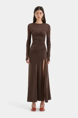 Sir Alessia Draped Jersey Satin Maxi Gown Brown Size 8  for rent on The Volte - image 1