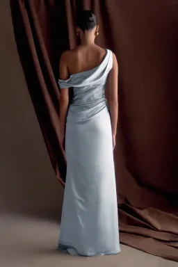 MESHKI Dalia Off Shoulder Satin Maxi Dress Frosted Blue Size 6 for rent on The Volte - image 3