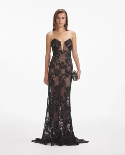Self Portrait Rhinestone Lace Maxi Dress Black Size S/AU 8 for rent on The Volte - image 1