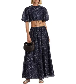 Sir The Label Caprice Puff-Sleeve Cropped Top and Maxi Skirt Set Navy Floral Size 0/AU 6 for rent on The Volte - image 1