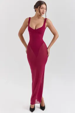 House of CB ROBINA Wine Stretch Mesh Maxi Dress in Burgundy  size AU 6 for rent on The Volte - image 2