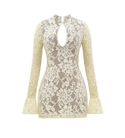 House of CB Brianna Keyhole Lace Longer Mini Dress in Buttermilk in Size S / AU 8 for rent on The Volte - image 4