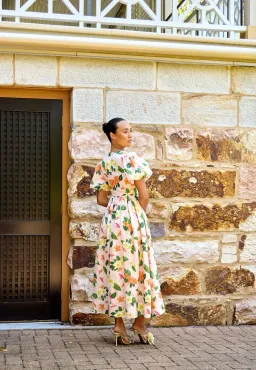 Isabella Longinnou Frangipani Puff Sleeve Midi Dress Print Size 14 for rent on The Volte - image 2