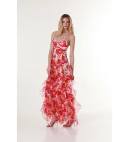 Menti Red Margarita Ruffle Floral-Print Maxi Dress Floral Size 10  for rent on The Volte - image 1