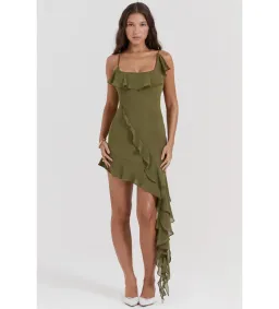 House Of Cb Mercia Ruffle Mini Dress Olive Size M /Au 10  for rent on The Volte - image 1