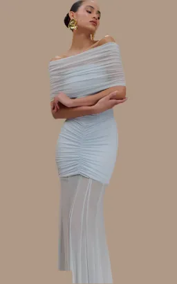 Meshki Caspian Slinky Mesh Off Shoulder Dress Blue Size 10 for rent on The Volte - image 3