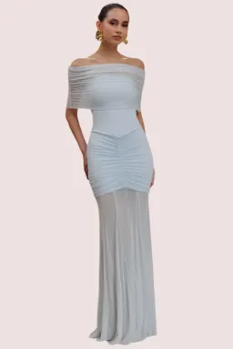 Meshki Caspian Slinky Mesh Off Shoulder Dress Blue Size 10 for rent on The Volte - image 1