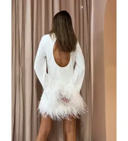 By Johnny Nicola Feather Trimmed Mini Dress Ivory White Size Small/ AU 8 for rent on The Volte - image 6