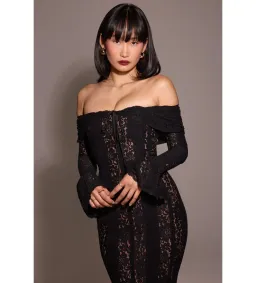 House of CB Belle Off Shoulder Floral Lace Maxi Dress Black Size AU 14 for rent on The Volte - image 5