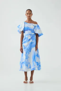 Aje Cadence Ruched Midi Dress Blue Puff Sleeve Size 14 for rent on The Volte - image 1