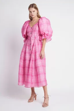 Aje Bungalow Gingham Puff Sleeve Midi Dress Pink  Size AU 6 for rent on The Volte - image 2