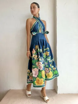 Alemais Lyla Halter Midi Dress Blue Size AU 6 for rent on The Volte - image 1