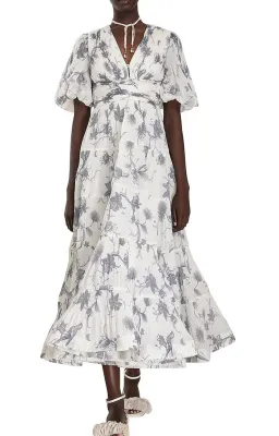 Zimmerman Pleated Midi Dress White & Blue Floral Size 6 for rent on The Volte - image 1