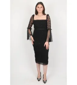 Self-Portrait Sequin Dot Mesh Midi Dress Black Size 10 for rent on The Volte - image 1
