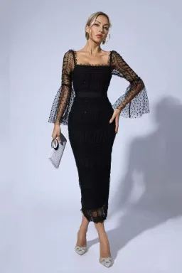 Self-Portrait Sequin Dot Mesh Midi Dress Black Size 10 for rent on The Volte - image 2