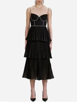 Self-Portrait Chiffon Tiered Midi Dress Black Size AU 10 for rent on The Volte - image 3