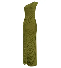 Meshki Capri Gathered Slinky Maxi Dress Vintage Olive Size 6/XS for rent on The Volte - image 8