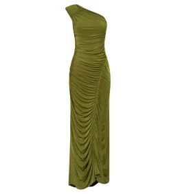 Meshki Capri Gathered Slinky Maxi Dress Vintage Olive Size 6/XS for rent on The Volte - image 7