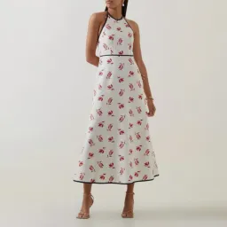 OROTON Dutch Tulip Halter Low Back Linen Midi Dress Ecru Size AU 14  for rent on The Volte - image 1