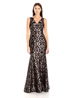 Adrianna Papell Guipure Mermaid Maxi Gown Black Nude Size 20 for rent on The Volte - image 1