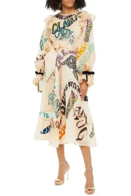 Zimmermann Ladybeetle Embelished Ruffled Silk-Satin Midi Dress Cream Print Size 0 / AU 6 for rent on The Volte - image 1