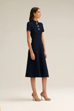 Scanlan Theodore Crepe Knit Poppy Shirt Midi Dress in Navy Size 10 for rent on The Volte - image 2
