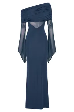 MESHKI Kaitlin One Shoulder Slinky And Mesh Maxi Dress Midnight Blue Size S / Size AU 8 for rent on The Volte - image 6