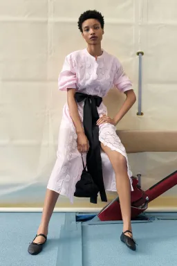 Oroton Scallop Lace Shirt Midi Long Sleeve Dress Pink Rose Size AU 16 for rent on The Volte - image 4