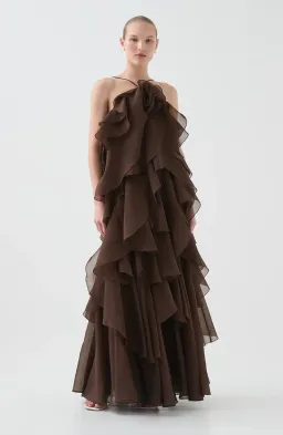 Aje Pandorea Layered Maxi Dress in Carob Brown Size AU 10 for rent on The Volte - image 1