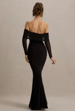 Club L London Madeleine Black Fishtail Maxi Dress With Bardot Mesh Black Size 6 for rent on The Volte - image 2