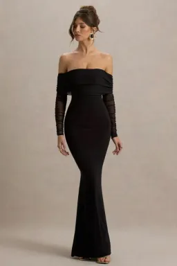 Club L London Madeleine Black Fishtail Maxi Dress With Bardot Mesh Black Size 6 for rent on The Volte - image 1