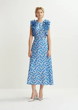Essentiel Antwerp Essentiel Silk Print Ruffle Midi Dress in Blue Floral Size 10  for rent on The Volte - image 1