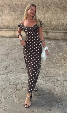 Design By Si Luna Dress Maxi Dress Brown Polka Size 8 for rent on The Volte - image 1