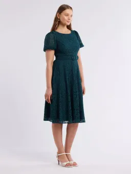 Review Emerald Short Puff Sleeves Avette Lace Knee Length Dress Green Size 12 for rent on The Volte - image 2