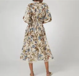 Zimmermann Aliane Shirred Waist Linen Midi Dress Blue Floral Size 2 / AU 12 for rent on The Volte - image 2